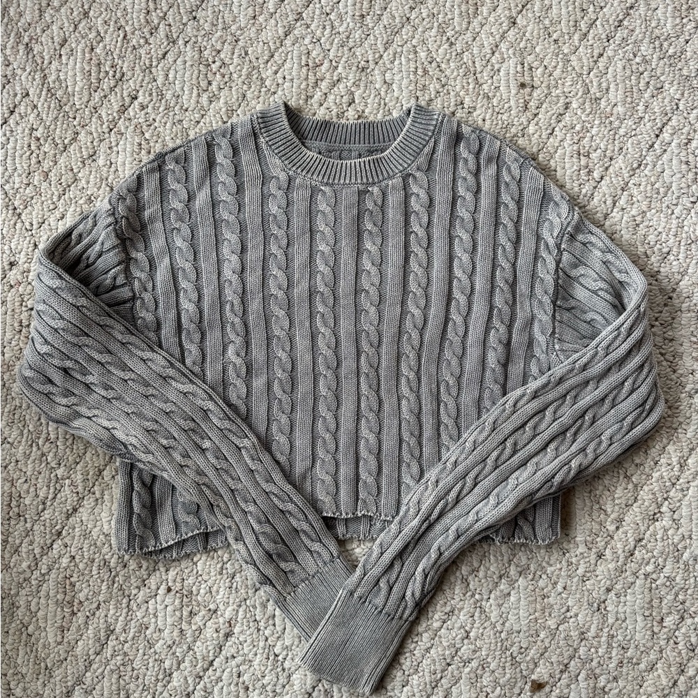 aerie Gray Cropped Cable Crewneck Sweater
